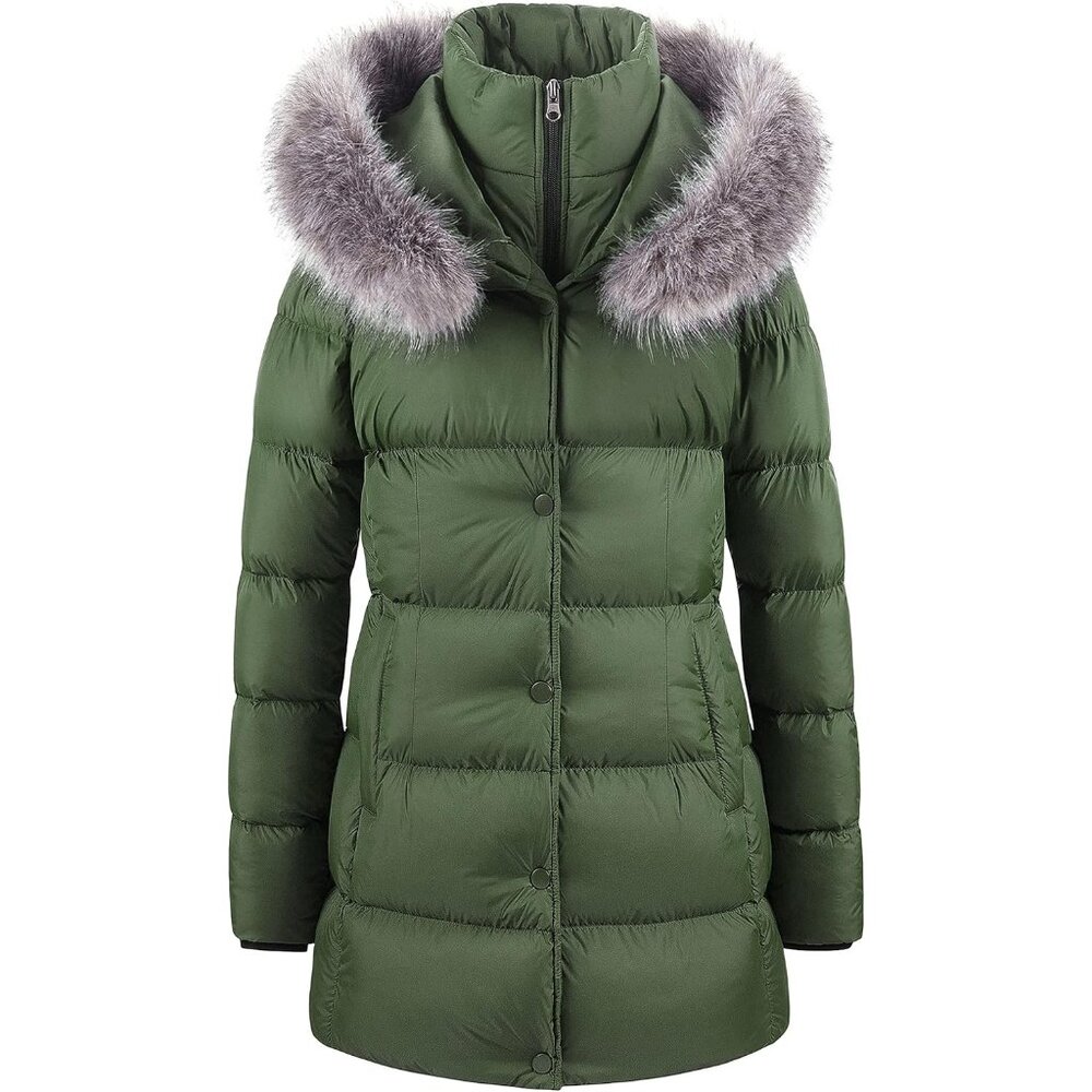 Women's Winter Snow Removable Army Green Puffer Jacket Coat Faux Fabric